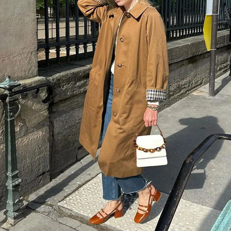 Flip Collar Single Breasted Long Jacket Cross border Fashion Women Personalized Street Slimming Trench Coat