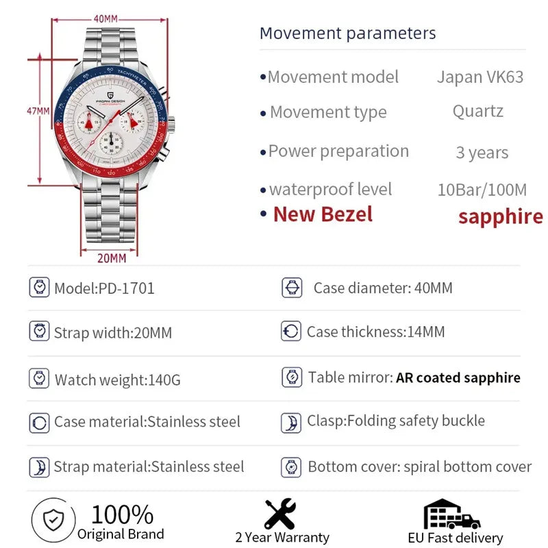PAGANI DESIGN New Moon Watch Men Multifunctional Top Brand Luxury Automatic Quartz Waterproof Sport Stainless Steel Reloj Hombre