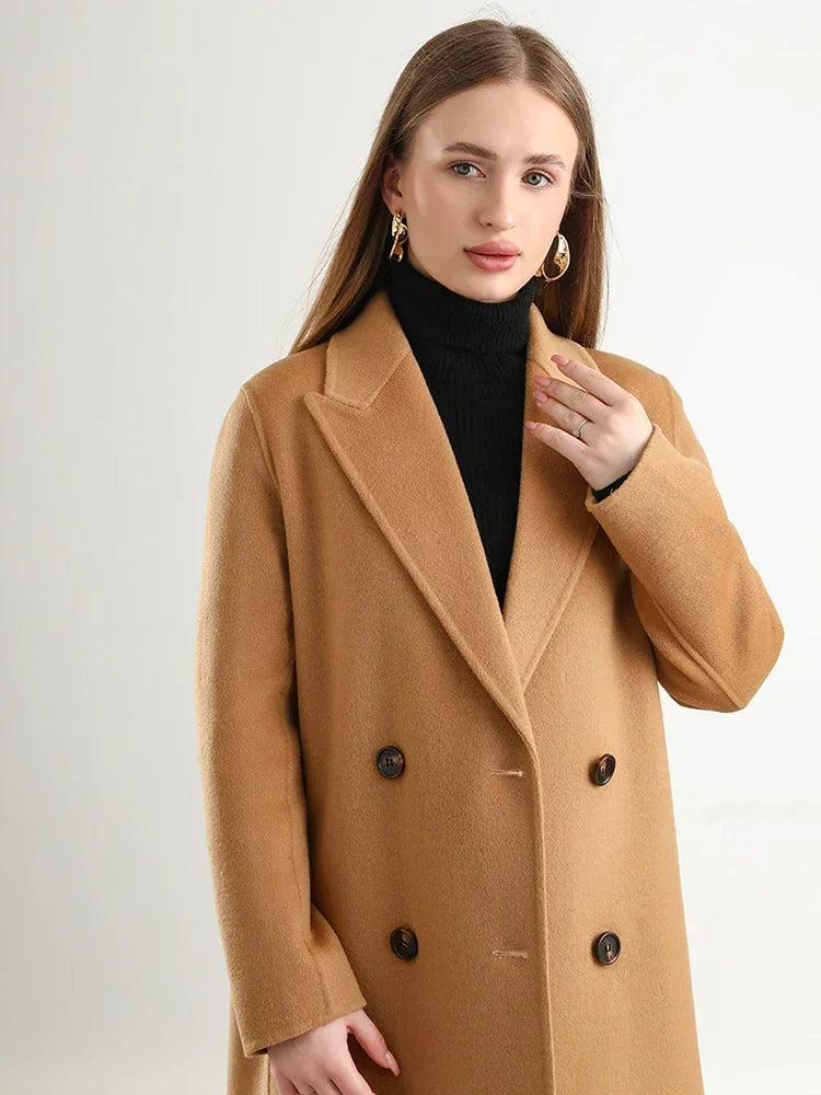 Women 100% Wool Peak Lapel Overcoat Belt Double-Breasted Autumn Winter Long Jacket Trench Coat Ladies Female Clothing #19