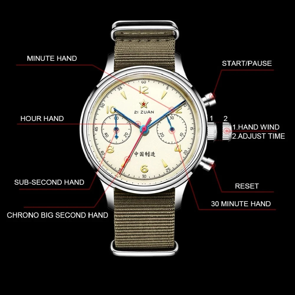 Red Star 1963 Chronograph 38mm Men's Mechanical Pilot with Seagull ST1901 Movement Watch Air Force Aviation 40mm Stop WristWatch