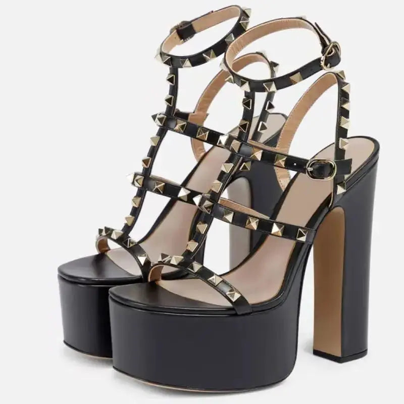 Arden Furtado 2025 Summer Round head Platform Rivet Super high heel Belt buckle Open toe Roman sandals Large size