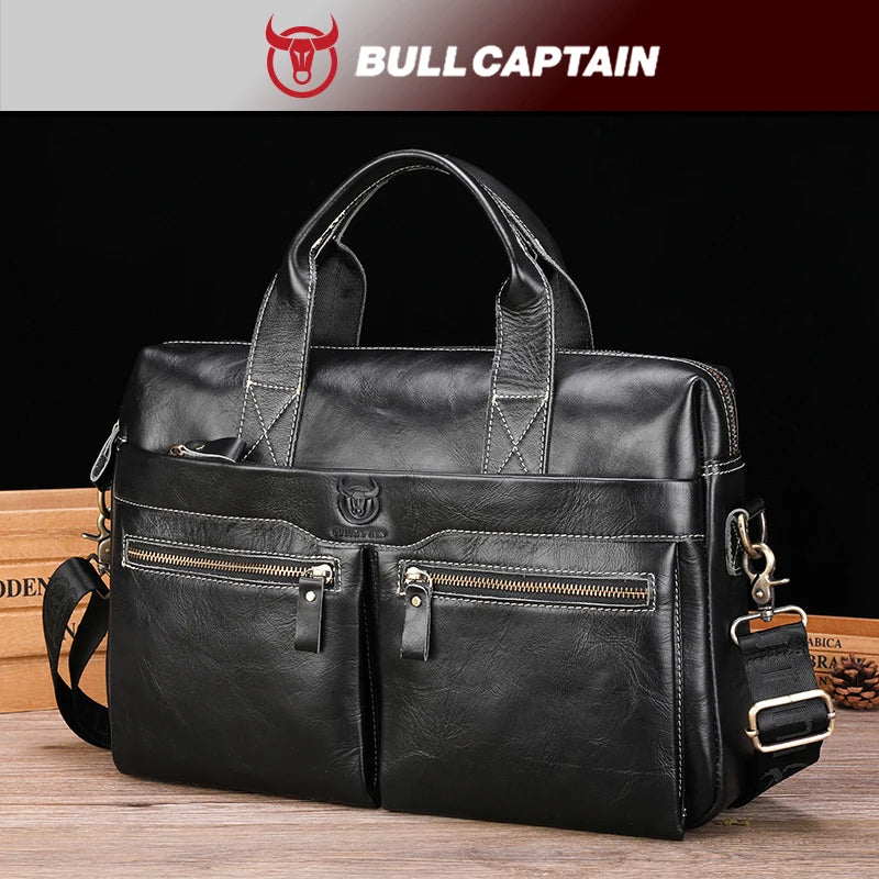 BULLCAPATIAN Men's Briefcase Genuine Leather Business Tote Bag Top Layer Cowhide Vintage Briefcase Messenger Bag Computer Bag
