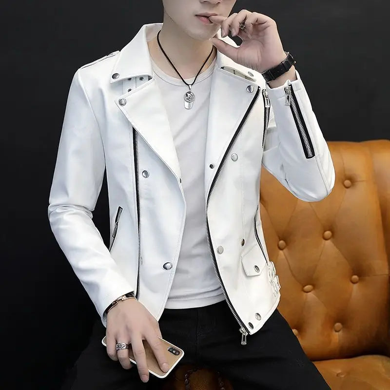 2024 Autumn Men's Leather Jacket, Suit Collar Coat Slim Men's Short Motorcycle clothing