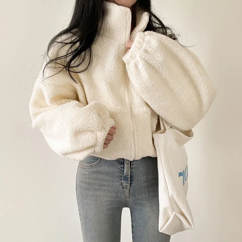 Women's Short Zipper Hoodie Thickened Stand Collar Lamb Velvet Jacket Loose Fit Autumn Winter Casual Style Outerwear
