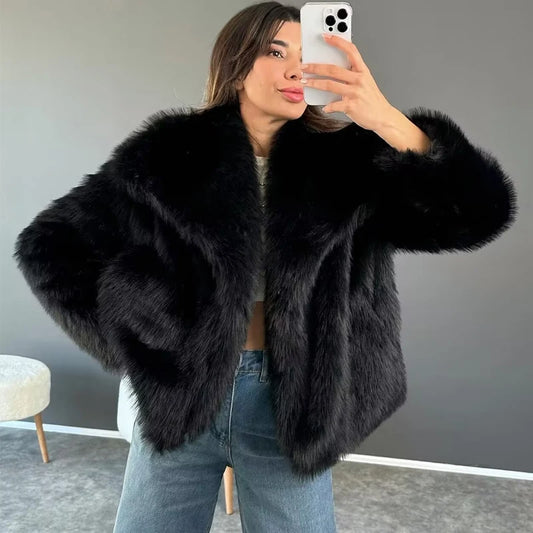 HXAO 2024 Women's Fur Coat Black Fluffy Jacket Autumn Winter Faux Fur Coat Plush Outerwears White Red Gray Warm Cropped Jacket