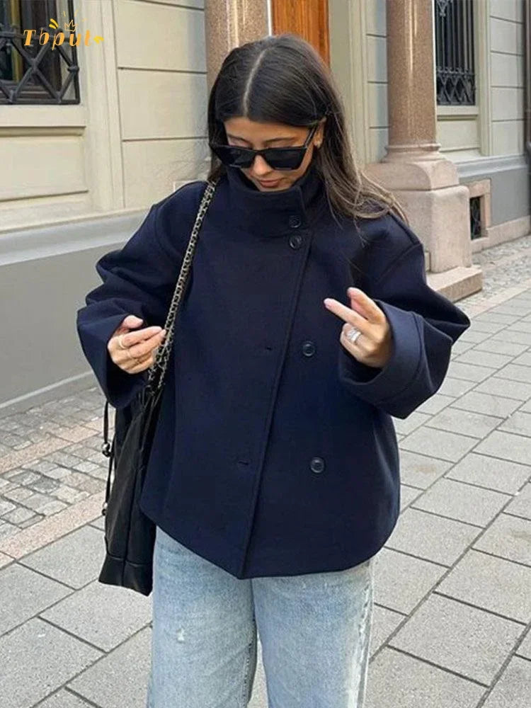 Solid Woolen Blend Casual Coat Women Stand Collar Long Sleeve Single Breasted Fashion Jacket Autumn Lady High Street New Outwear
