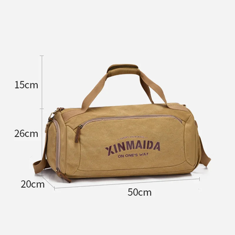 Male Travel Bags Large Capacity Canvas Bag Men Fitness Sports Training Handbag with Shoes Pocket Khaki Shoulder Bags XM332