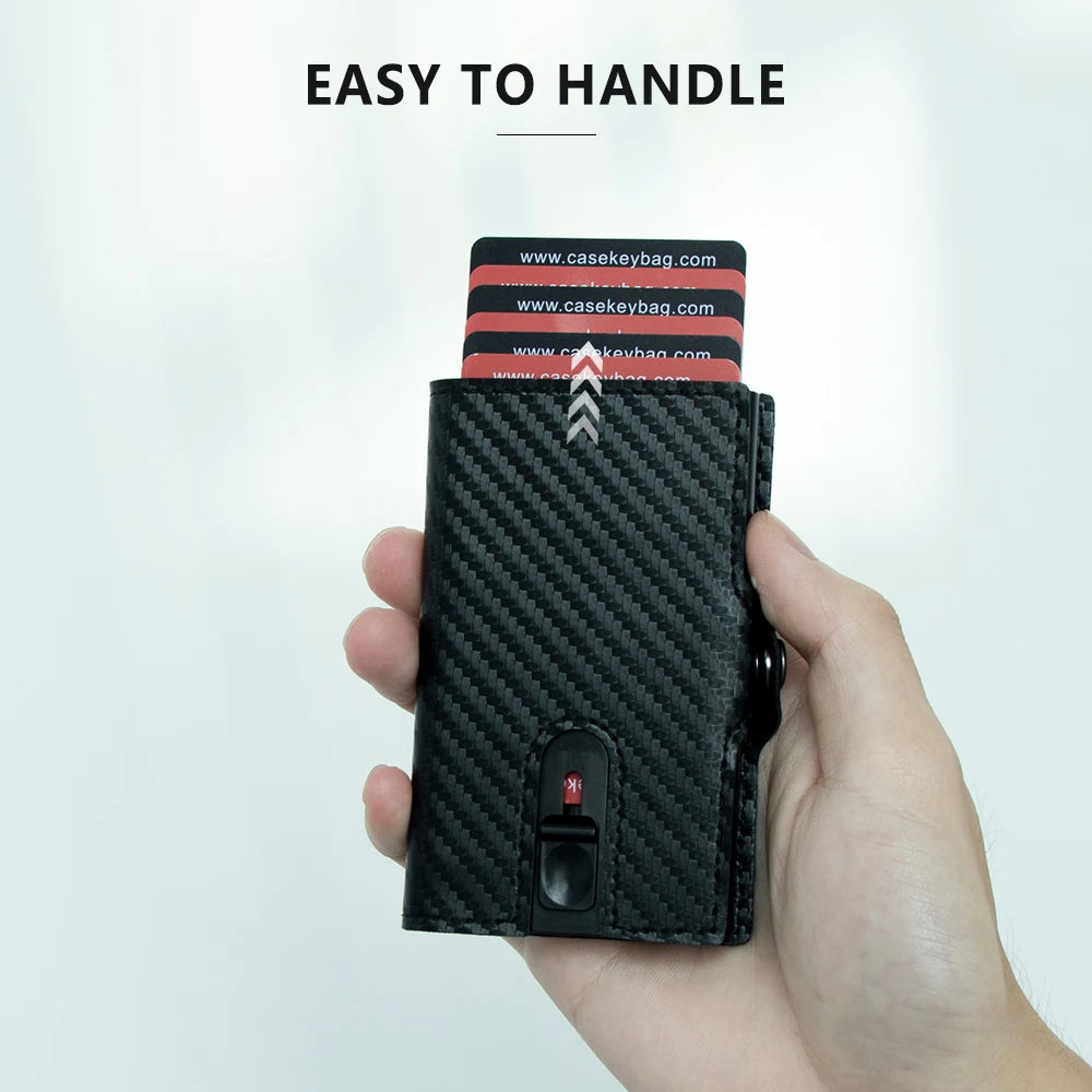 Casekey Real Carbon Fiber Leather Wallet Slim Rfid Blocking Pop Up Card Holder With Zipper Pocket Small Money Bag Male Purses
