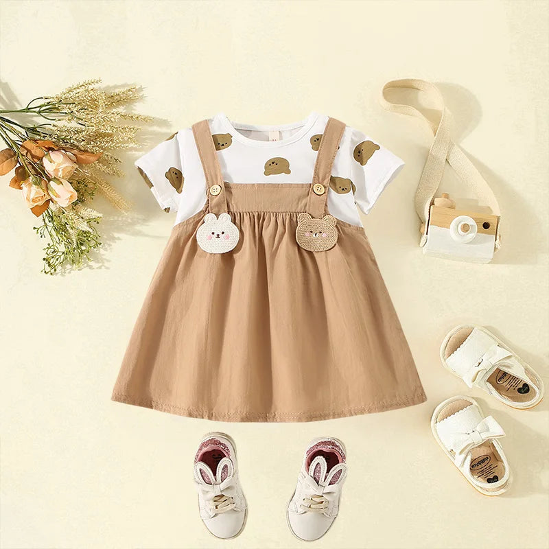 Girls' Clothes Summer New Short Sleeved Cartoon Teddy Bear Dress For Baby Girls Children's Spliced Fake Two-Piece Dress