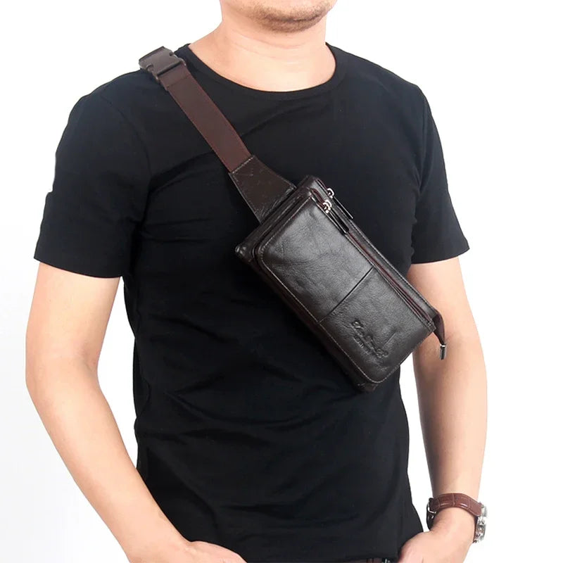 Men Natural Genuine Leather Sling Chest Cross Body Bag Travel Belt Purse Pouch Soft Single Shoulder Messenger Waist Pack Bags