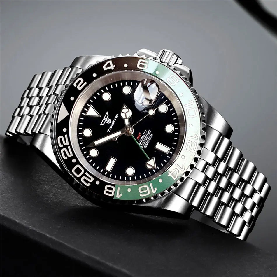 Tandorio 40mm NH34A Men's Automatic Watch GMT Function Luminous Black Dial Sapphire Crystal Auto Date Bracelet Rotating Bezel