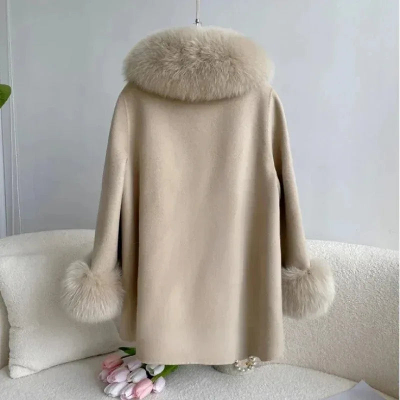2023 Cashmere Wool Blends Coat Winter Autumn Women Jacket Real Fox Fur Collar Loose Thick Warm Outerwear Streetwear