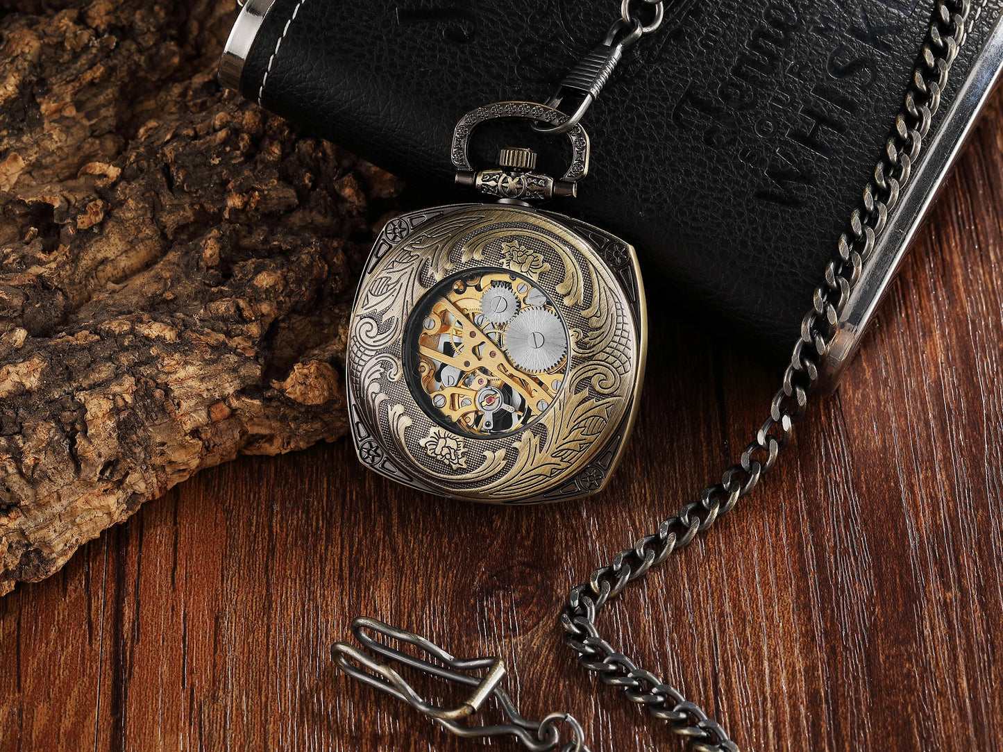 Silver Roman Numeral Square Dial Mechanical Hand Winding Pocket Watch Open Face Elegant Retro Pendant Manual Mechanism Timepiece