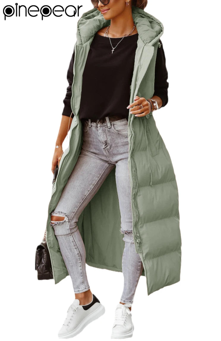 PinePear 2025 Fall Winter Fashion Women Super Long Quilted Vests Hooded Maxi Length Sleeveless Puffer Vest Padded Coat Outerwear