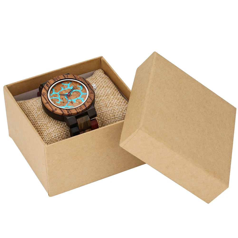 Full Wood Women Bracelet Watch Blue Lava Dial Mixed Color Wooden Watch Band Trend Lady Quartz Wristwatch Female Timepiece