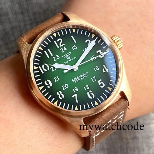 Tandorio CuSn8 Real Bronze NH35A PT5000 Dive Mechanical Watch Men Vintage Pilot Wristwatch 20bar Sport Clock Sunburst Green/Red