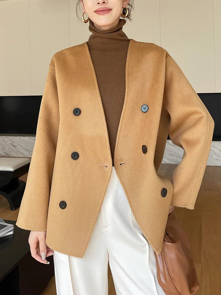 Women 100 Wool Tops Coat Fashion V-neck Short Coats Woolen Jacket Hand Sewing Autumn Winter Wool Blazer Double-Breasted #22