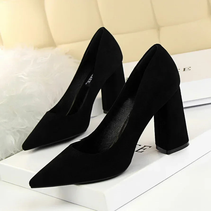 Women Elegant Suede 8.5cm High Heels Formal Occasion Pumps Lady Fashion Party Block High Heels Red Khaki Nightclub Dance Shoes