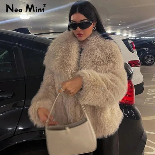 Chic Ins Blogger Brand Fashion Fake Fox Fur Jacket Coat Women 2024 Winter Luxury Design Big Collar Fur Coats Cool Girls Overcoat