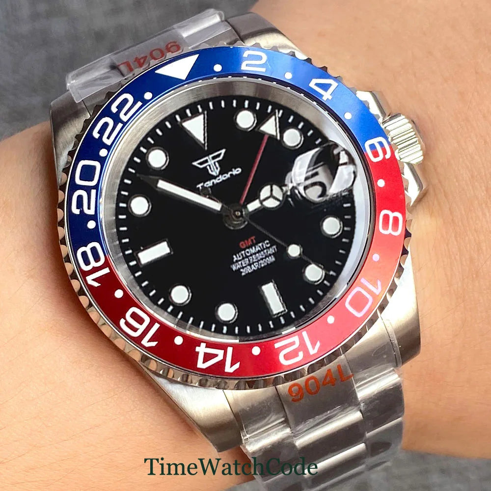 Tandorio 40mm NH34A Men's Automatic Watch GMT Function Luminous Black Dial Sapphire Crystal Auto Date Bracelet Rotating Bezel