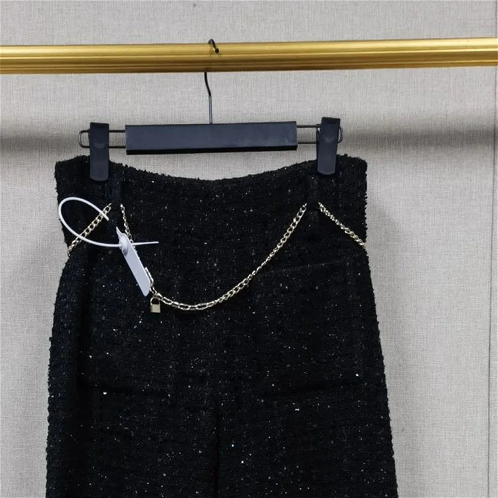 Autumn Winter Women Shiny Silk Tweed Coat Tassel Trim Lace-Up Cinching Jacket Top or Wide Leg Pants with Sashes