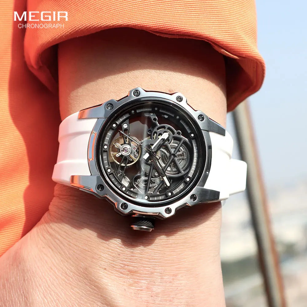 MEGIR Skeleton Dial Automatic Mechanical Watch Men Stainless Steel Case Waterproof Luminous Sport Wristwatch with Silicone Strap