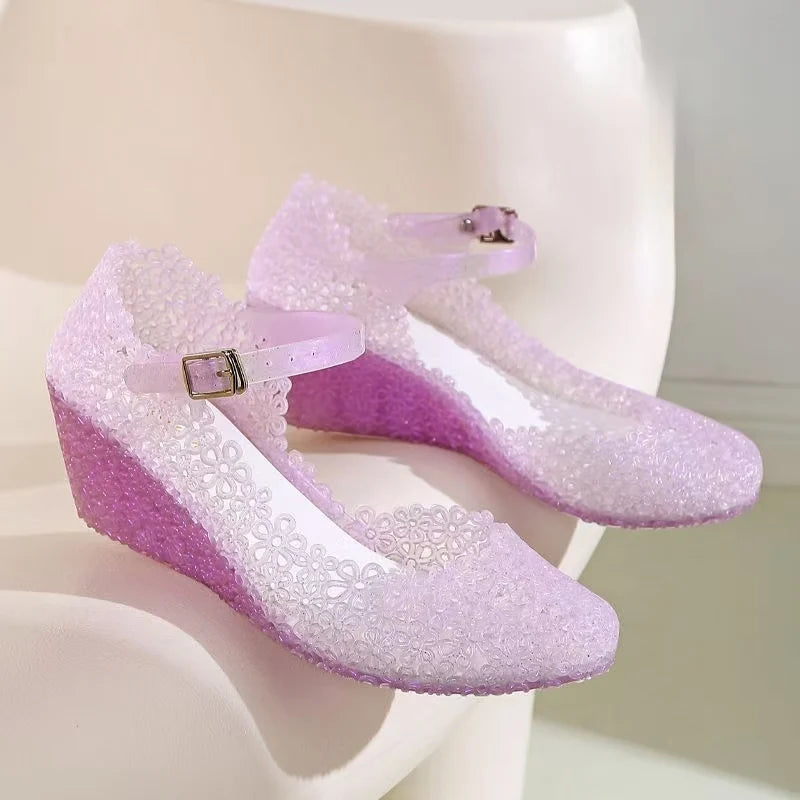 Women's Summer New Baotou Hollow Wedges Crystal Jelly Sandals Soft Sole Non Slip Breathable Buckle Strap Outdoor Beach Sandals