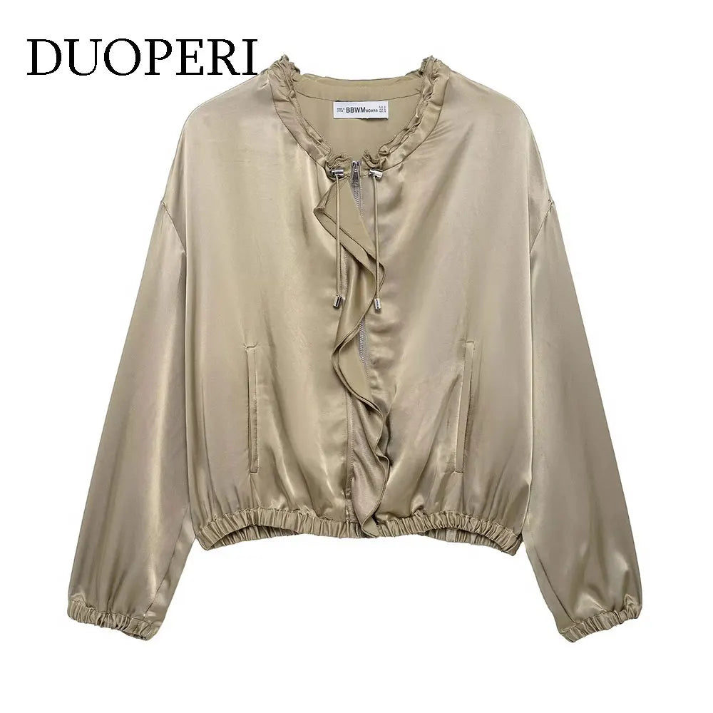 DUOPERI Women Fashion Spring New Khaki Ruffled  Jackets Vintage O-Neck Long Sleeves Female Chic Lady Outfits