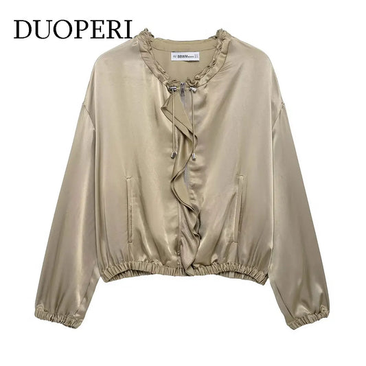 DUOPERI Women Fashion Spring New Khaki Ruffled  Jackets Vintage O-Neck Long Sleeves Female Chic Lady Outfits