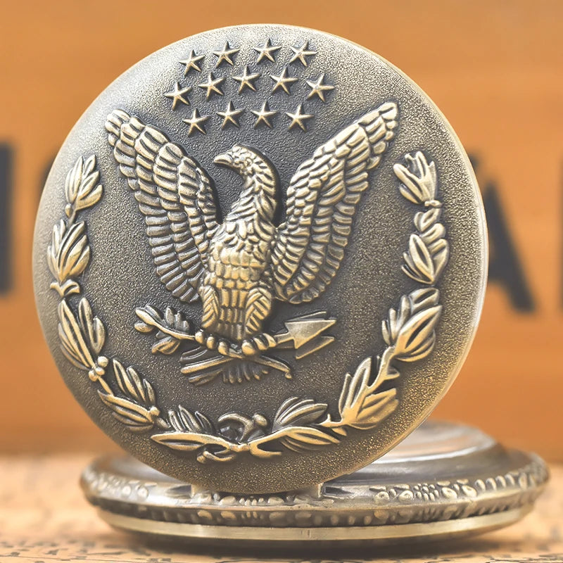 Vintage Bronze Steampunk Star Eagle Carved Quartz Pocket Watch Necklace Pendant Clock Chain Men Women Chain Gift