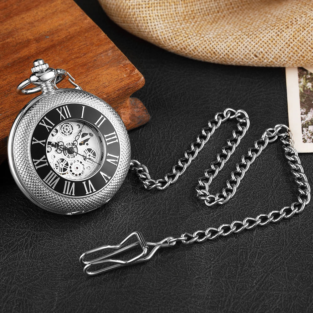 Retro Mechanical Pocket Watch Red Cross Hand-winding Silver Edelweiss Sculpture Hollow Vintage Skeleton Watches Men FOB Chain