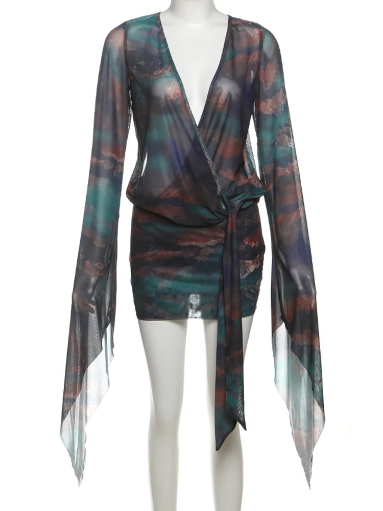 Nibber Sexy See Through Tie-Dye Dress Women Deep V-Neck Lace-Up Backless Loose Full Sleeve Summer Party Coquette Mini Bodycon