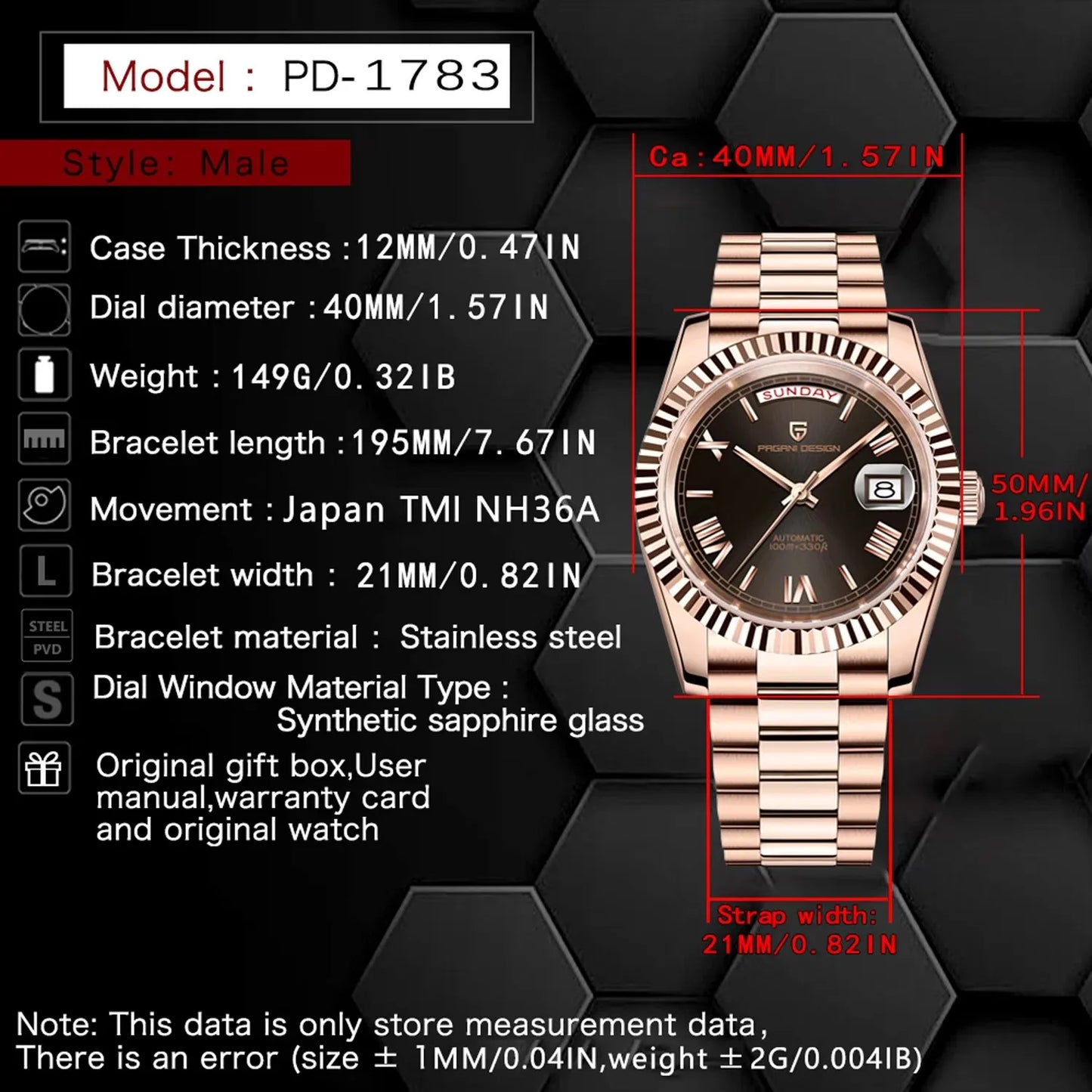 PAGANI DESIGN DD40 Men's Watches Rose Gold Luxury NH36A Mechanical Wristwatches Automatic Watch For Men Waterproof Sports Clock