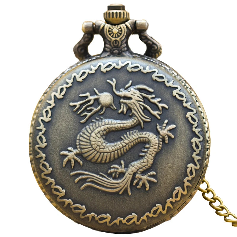 Vintage Bronze Clamshell Chinese Dragon Carved Necklace Quartz Pocket Watch Gifts Are Common For Male And Female Students