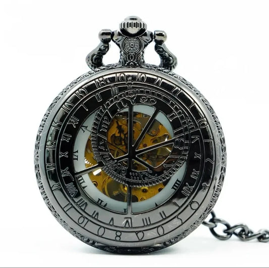 10pcs/lot Vintage Black Hollowed Mechanical Pocket Watches Hand Wind Black Dial Pocket & Fob Watch with Chain