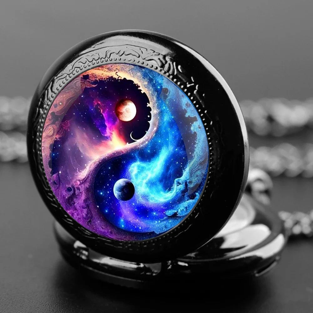 Creative Yin-Yang Planet Dome Quartz Pocket Watch Arabic Numeral Dial Vintage Men Women Necklace Pendant Creative Clock Gifts