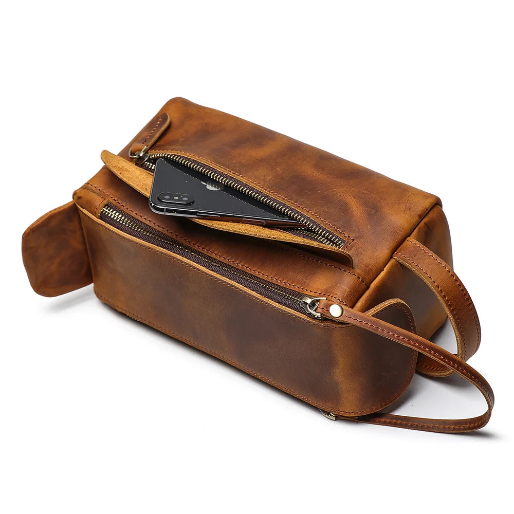 LUOKIR Vintage Multi-functional Genuine Leather Handbag Men's Makeup Bag Large Capacity Crazy Horse Leather Toiletry Organizer