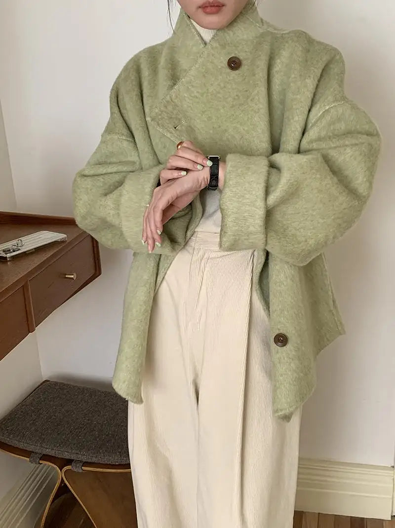 New Winter Short Woolen Coat Fashion Causal Warm Mulberry Silk Lapel Double-sided Wool Coat Loose Suit Jacket Female Tide Autumn