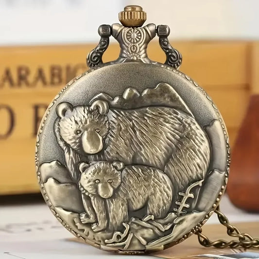Vintage Grizzly Bronze Animal Carving Quartz Pocket Watch with Necklace, Perfect Gift for Couple Fashion Accessories
