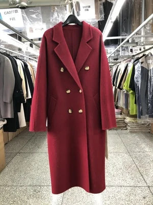 High-end 100% Wool Double-sided Coat Long Women Loose Double-breasted Long Sleeve Lace-up Solid Real Wool Jacket Autumn Winter