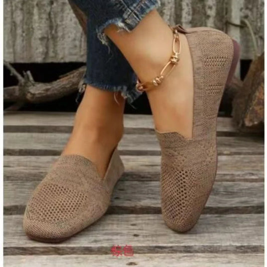 Flat Mesh Knitted Striped Flats Shoes for Women Autumn New Light Slip on Flat Casual Shoes Ladies Square Toe Breathable Sneakers