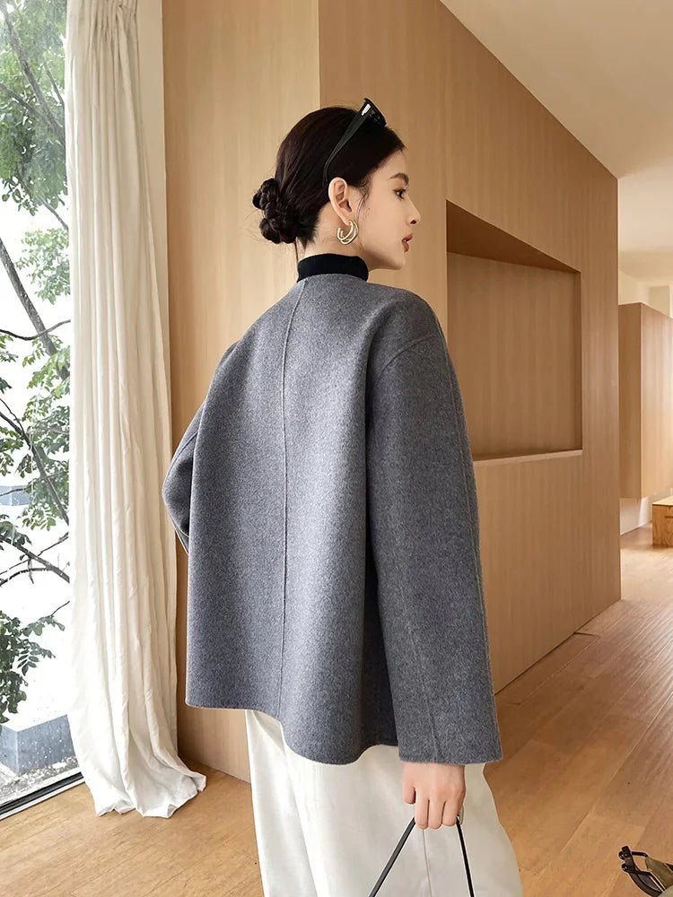 Women 100 Wool Tops Coat Fashion V-neck Short Coats Woolen Jacket Hand Sewing Autumn Winter Wool Blazer Double-Breasted #22