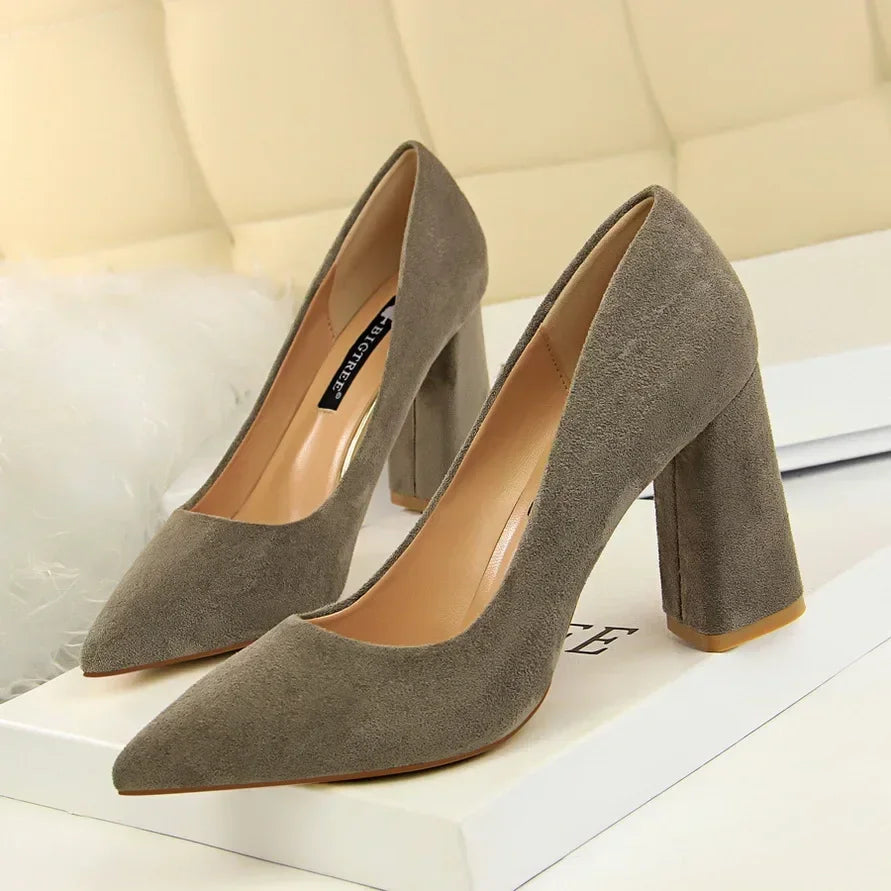 Women Elegant Suede 8.5cm High Heels Formal Occasion Pumps Lady Fashion Party Block High Heels Red Khaki Nightclub Dance Shoes