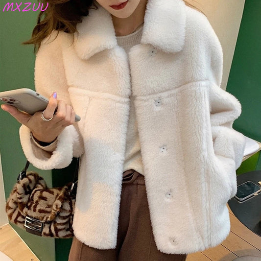 100% Wool Coat 2024 Autumn Winter Women Solid Lamb Fur Jacket Mujer One Fur Thick Warm Korean Sheep Shearing Short Manteau Femme