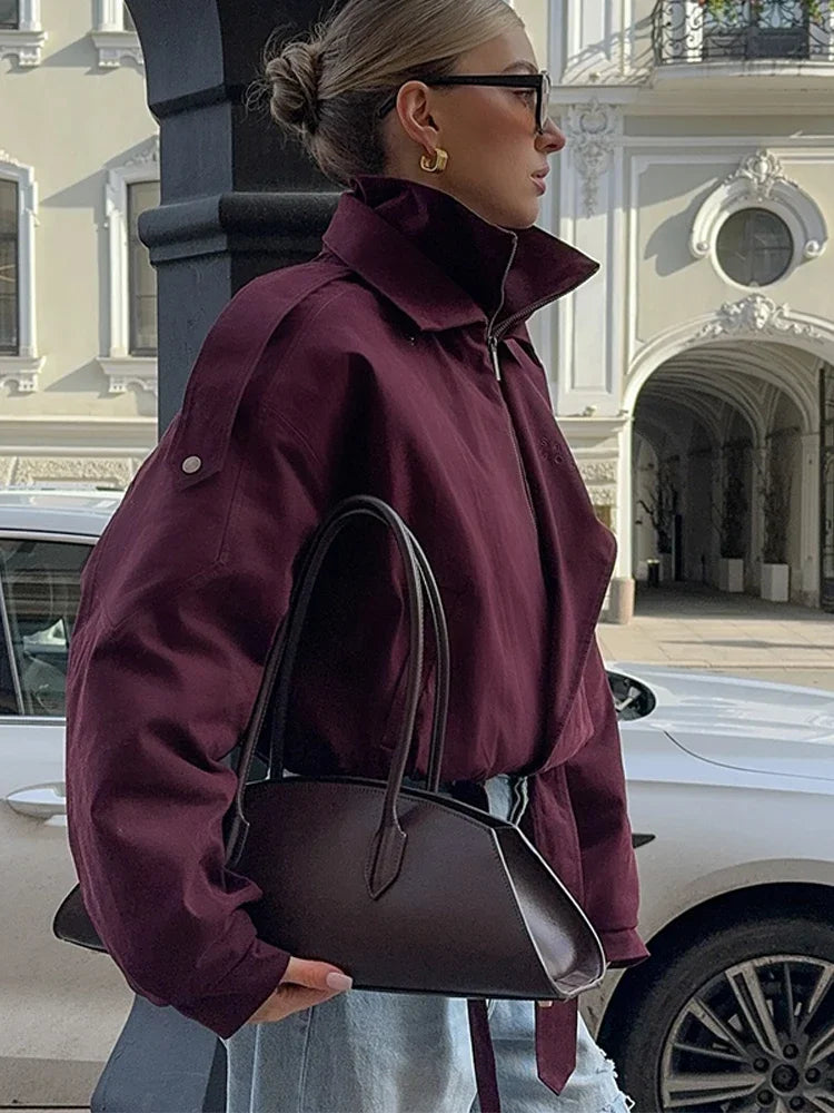 Women Solid Color Bomber Short Jacket High Collar Pocket Zipper Full Sleeve Coats Lady 2025 New Winter Fashion Highstreet Wear