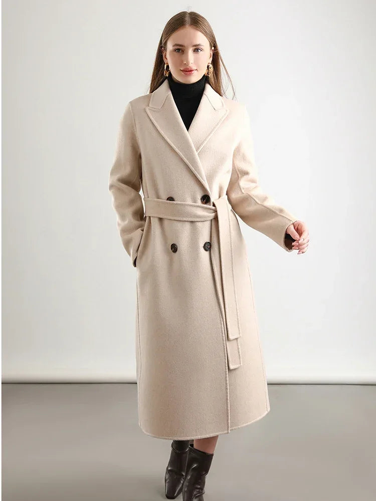 Women 100% Wool Peak Lapel Overcoat Belt Double-Breasted Autumn Winter Long Jacket Trench Coat Ladies Female Clothing #19