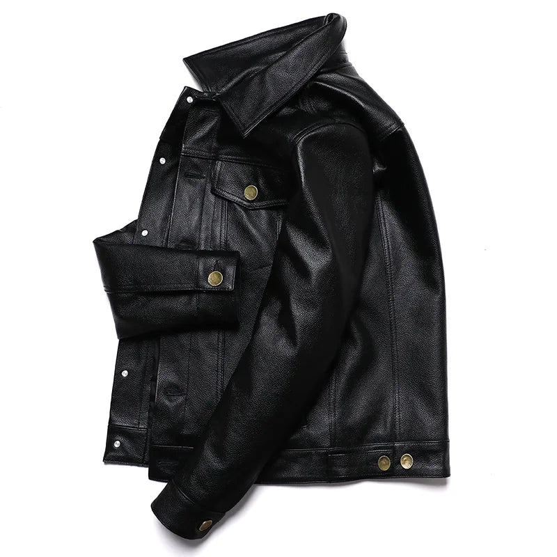 2023 New Cowboy Genuine Leather Jacket Men's Natural Cowhide Slim Short Coat Casual Style Single Breasted Fashion Clothes