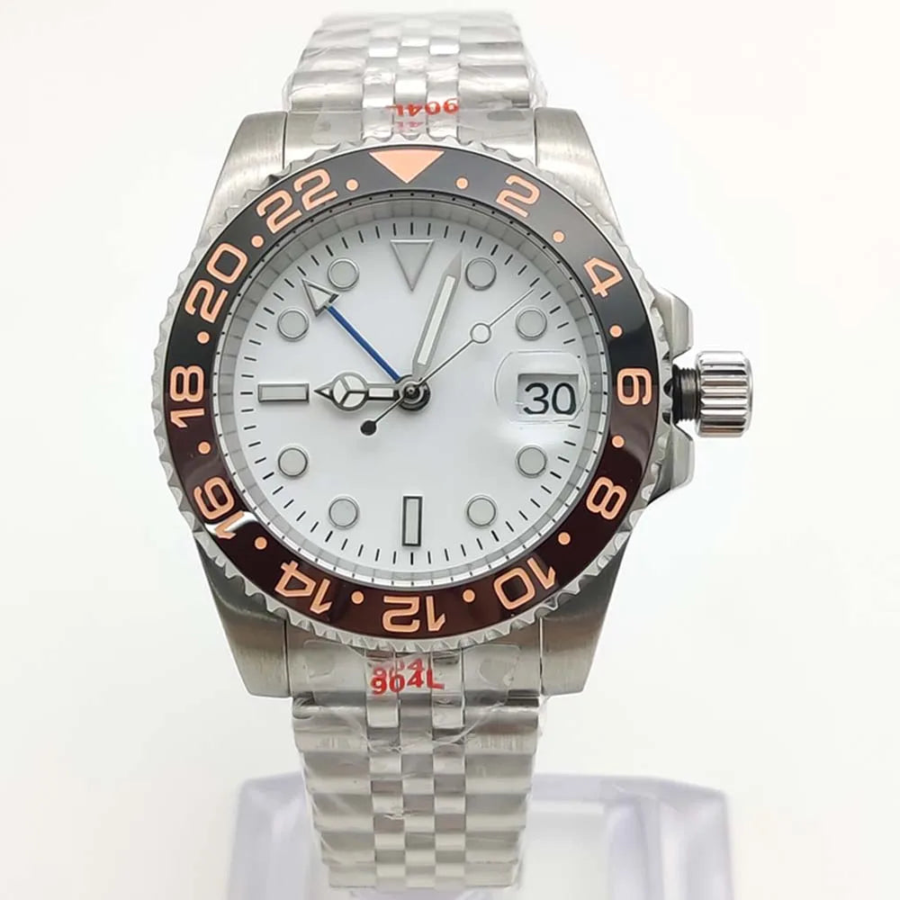 Men's New Elegant White GMT Watch, NH34 Movement, Sapphire Glass, Stainless Steel Waterproof Men's Mechanical Watch