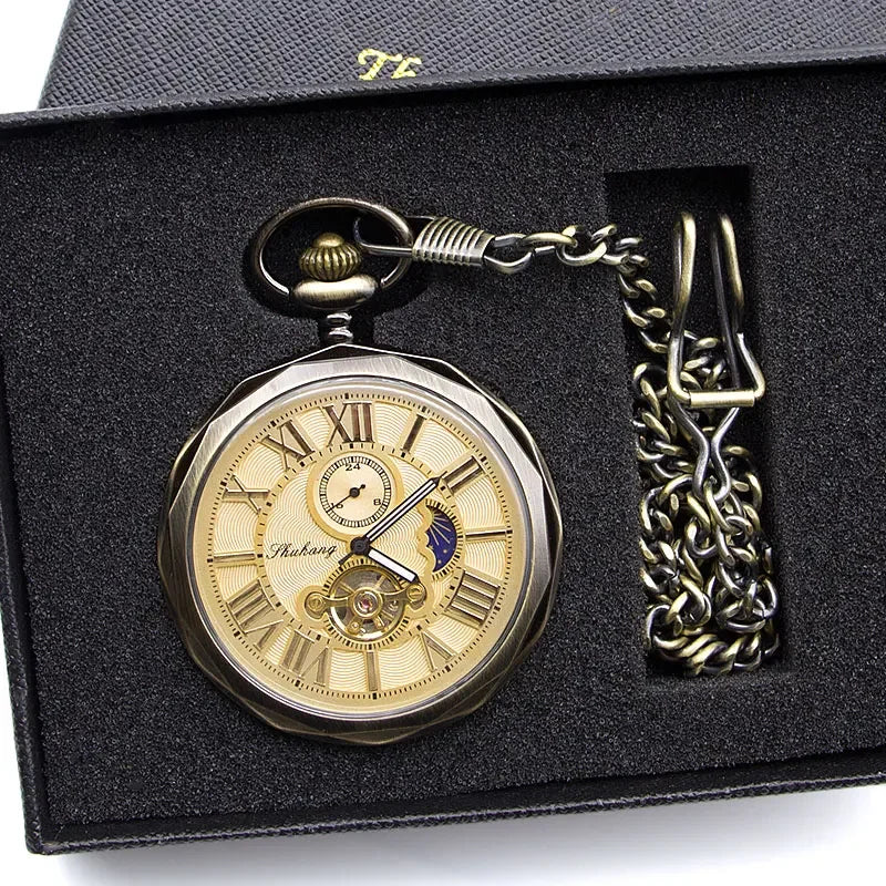 Luxury High Quality Golden Moon Phase Mechanical Pocket Watch Roman Number Tourbillon Dial Pendant Chain Men Women PJX1398