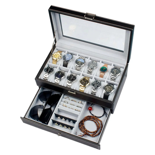 2024 New 12 Slot Leather Lockable Watch Storage Boxes,Men & Women's Jewelry Display Drawer Case, 2-Tier Organizer Watch Showcase